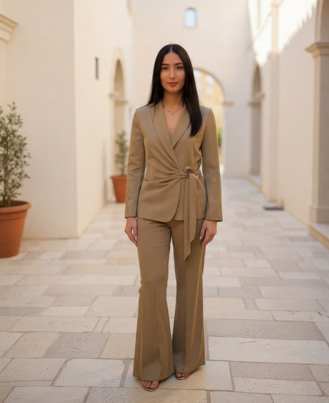 Juice Set satijnen blazer met strikdetail en rechte pantalon brons | Donna Colori Rotterdam