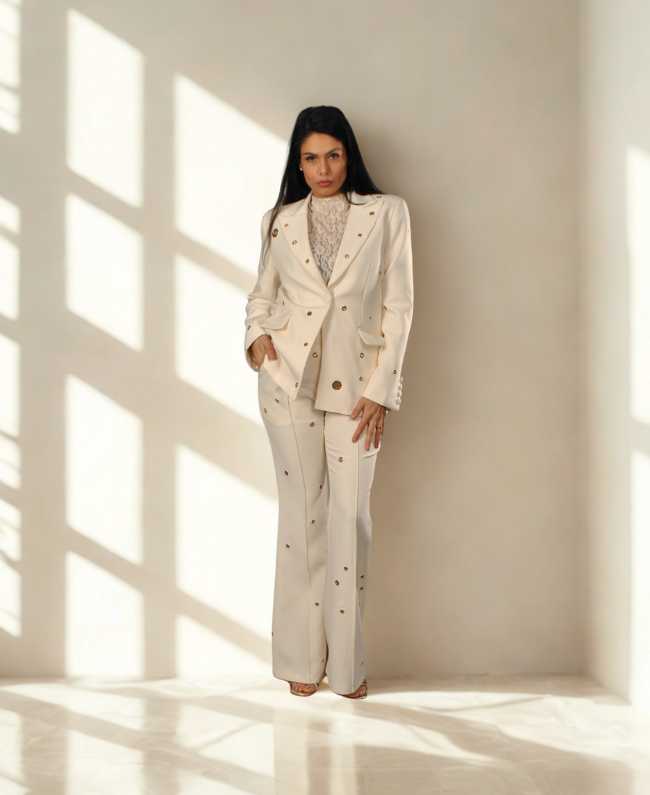 Suit Anelli pak met blazer en pantalon open ringen zwart wit - Donna Colori Italiaanse mode