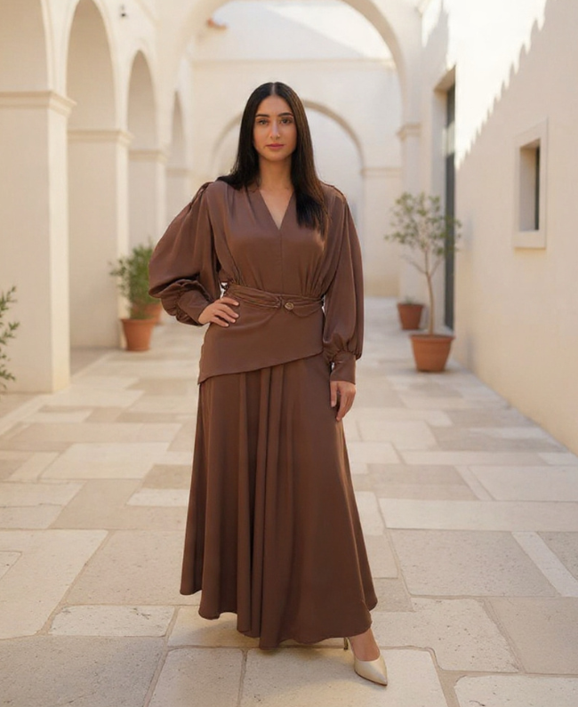 Dress Christal elegante satijnen galajurk met lange mouw | Donna Colori Rotterdam