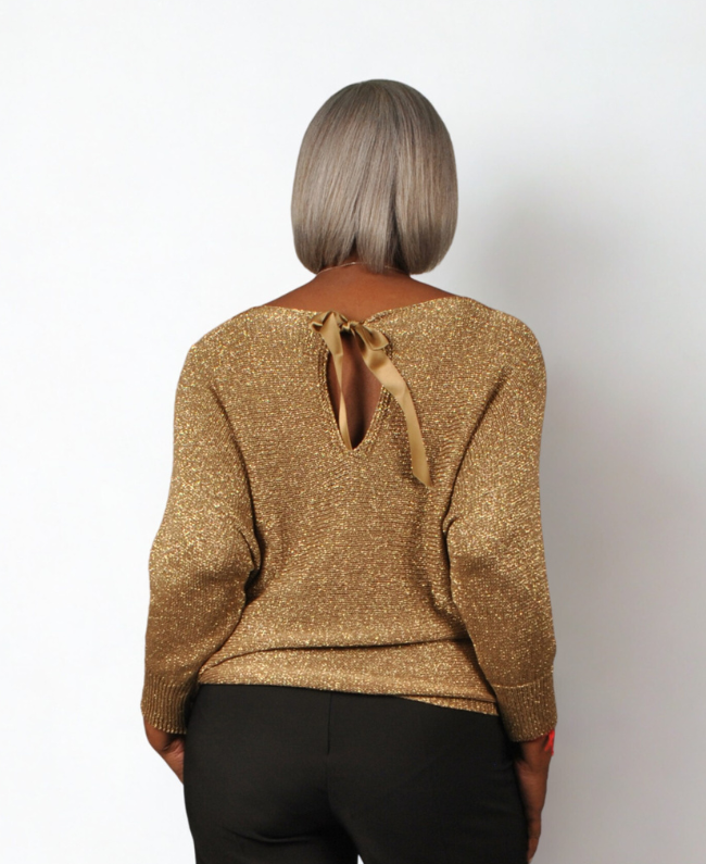 Elegante damestrui – feestelijke glitter trui met vlindermouw en satijnen strik aan de achterkant