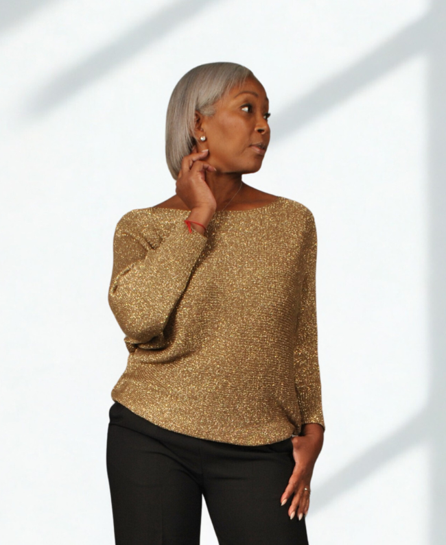 Glitter trui dames met vlindermouw en satijnen strikje – elegante Italiaanse trui van Donna Colori