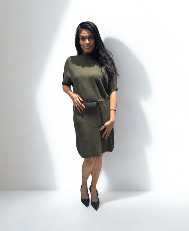 Wollen jurk dames met riem en korte mouw – Donna Colori