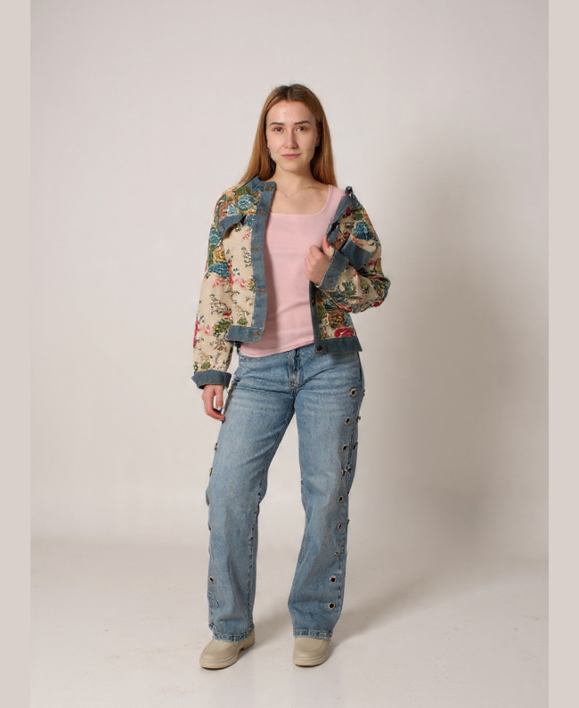 Denim jacket met bloemenprint detail - Jacket Jeans Flower Donna Colori