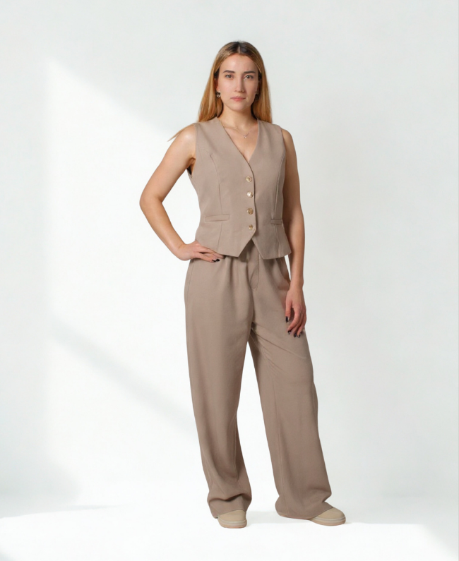 Set Bologna gilet en wijde pantalon taupe - Donna Colori Italiaanse mode