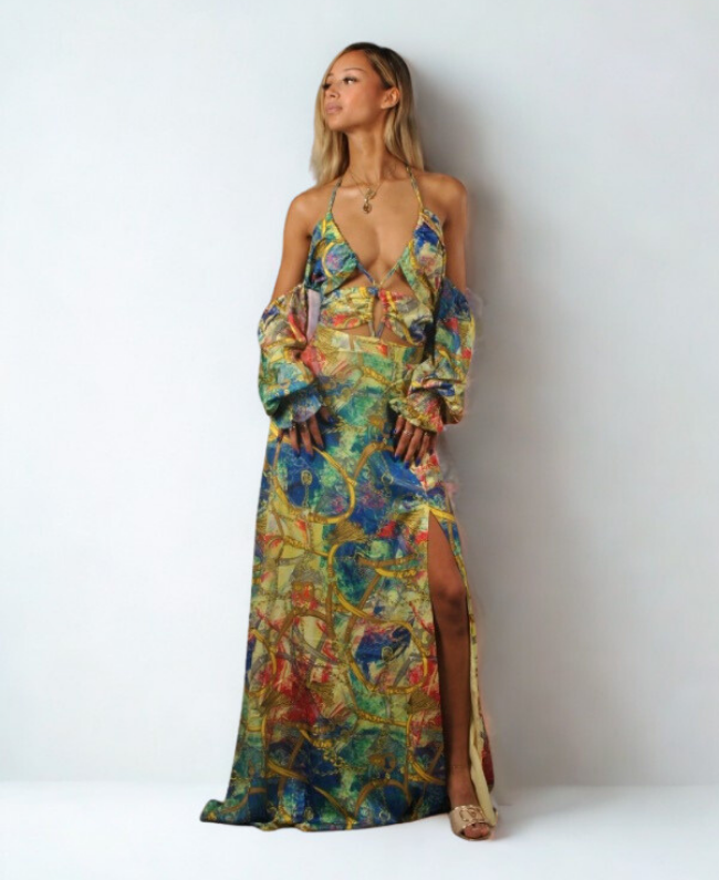 Prachtige damesjurk met Versace print, elegant en stijlvol, perfect voor feestjes, gala’s en bruiloften – alleen verkrijgbaar in de winkel.