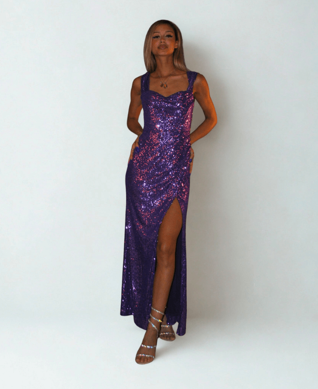 Lange paarse galajurk met pailletten – stijlvolle damesjurk voor gala of feest