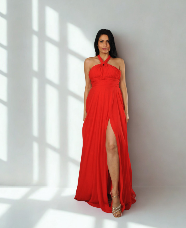 Rode galajurk lang met split - Elegante avondjurk Donna Colori Rotterdam
