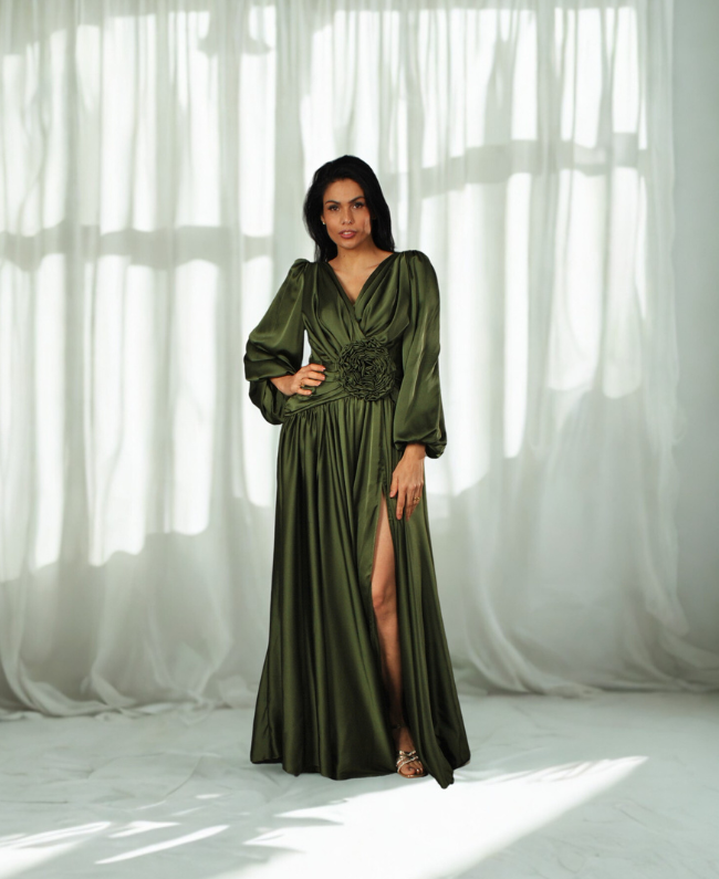 Galajurk Groen met V-hals en Bloemdetail - Lange Mouwen