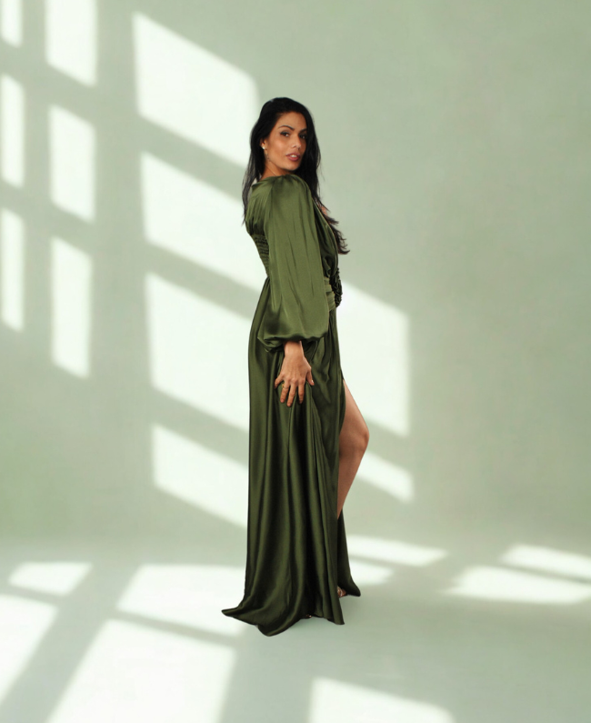 Galajurk Groen met V-hals en Bloemdetail - Lange Mouwen