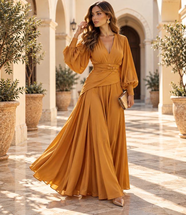 Dress Christal elegante jurk met glanzende stof en glitterknoop
