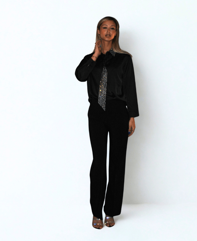 Elegante blouse dames met stropdas en strass, one size tot maat 42.