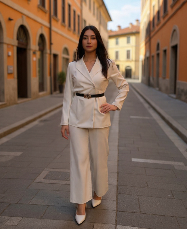 Dominique Set blazer met riem en rechte pantalon beige | Donna Colori Rotterdam