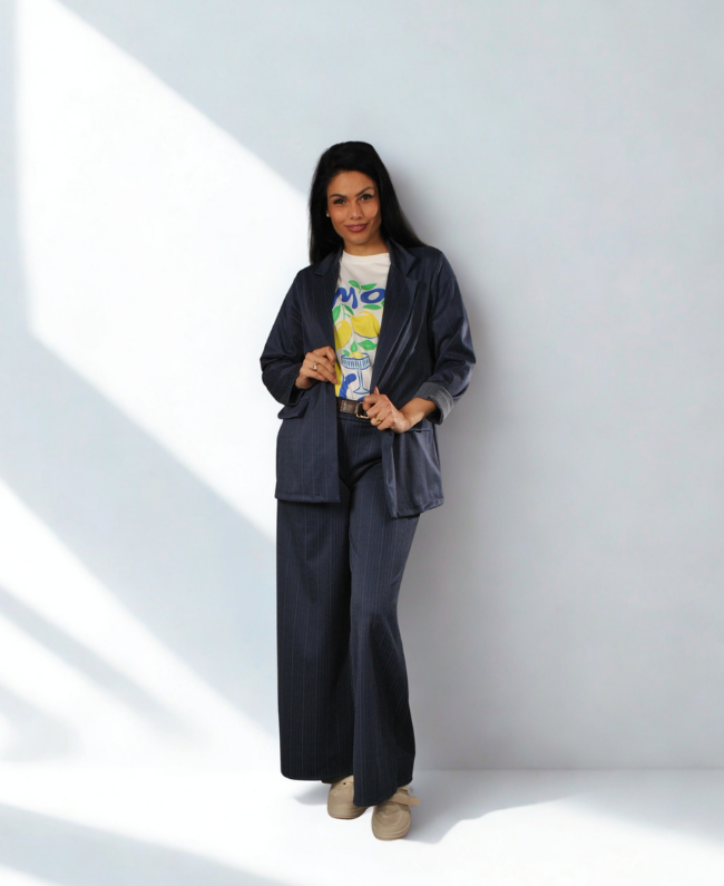 Suit Luna pak met blazer en broek kruitstreep jeans look - Donna Colori Italiaanse mode