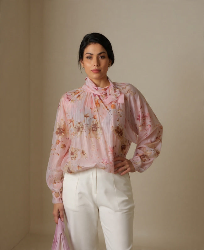 Blouse met strikdetail en bloemenprint - Blouse Toscane Donna Colori Italiaanse mode